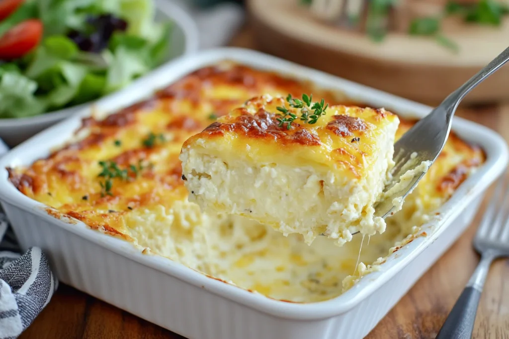 A close-up of a golden, fluffy cottage cheese egg bake served in a white ceramic dish, garnished with fresh thyme. A slice is being lifted with a fork, revealing a creamy, cheesy interior. A green salad is blurred in the background.