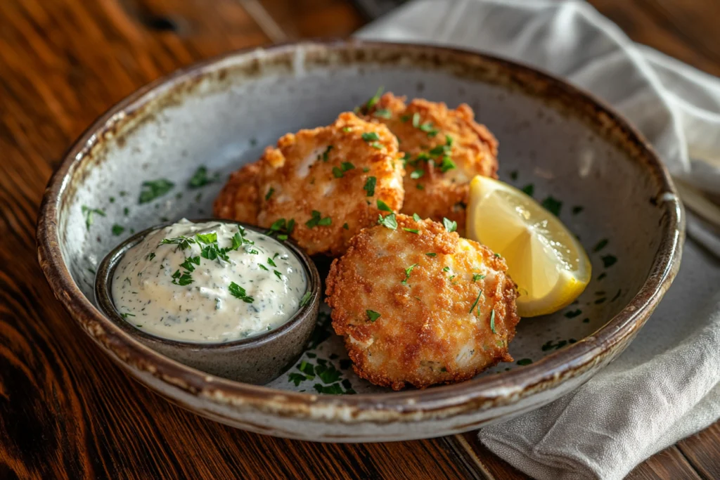 Golden-brown crispy scallops served on a rustic ceramic plate with a side of creamy tartar sauce, garnished with fresh parsley and a lemon wedge.