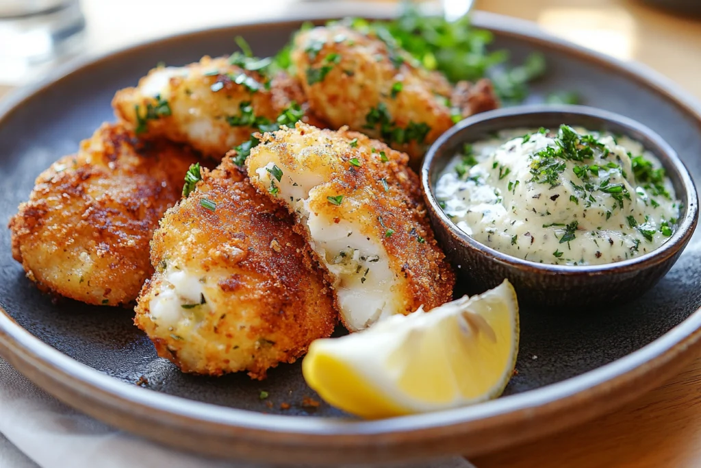 Golden-brown crispy fish cakes served on a dark ceramic plate with tartar sauce, fresh herbs, and a lemon wedge.