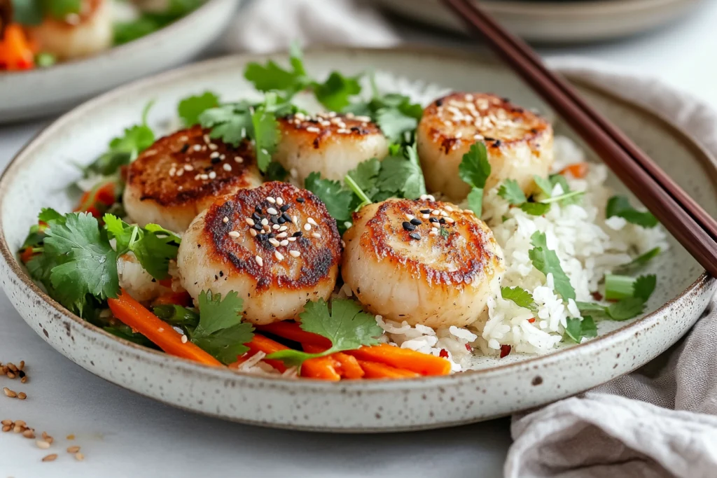 Grilled scallops garnished with sesame seeds and fresh cilantro, served on a plate with steamed rice and colorful sautéed vegetables.
