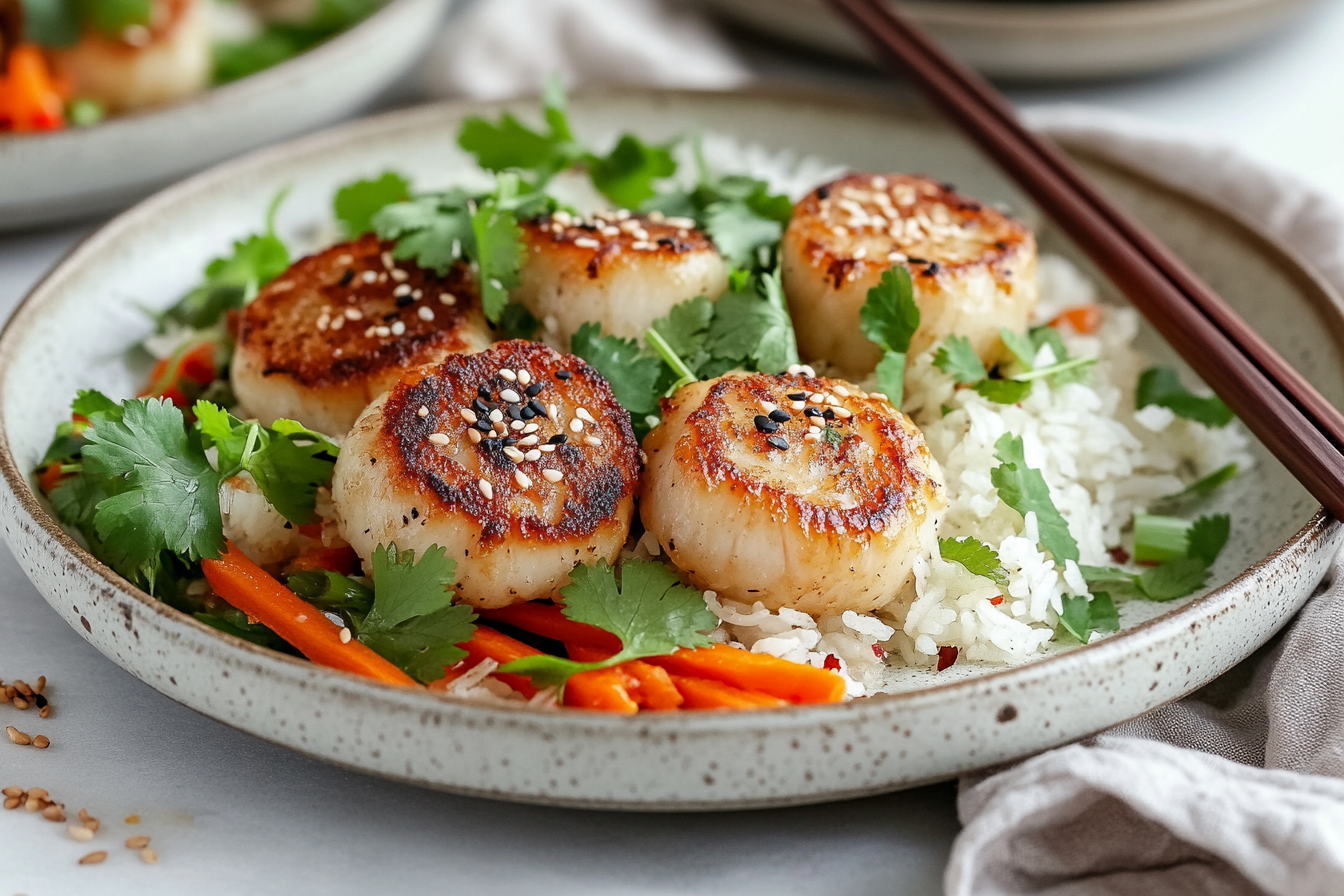 Grilled scallops garnished with sesame seeds and fresh cilantro, served on a plate with steamed rice and colorful sautéed vegetables.