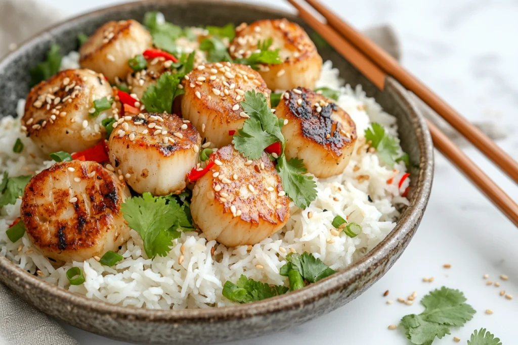 A bowl of golden-seared scallops served on a bed of white rice, garnished with sesame seeds, fresh cilantro, and slices of red chili, with chopsticks on the side