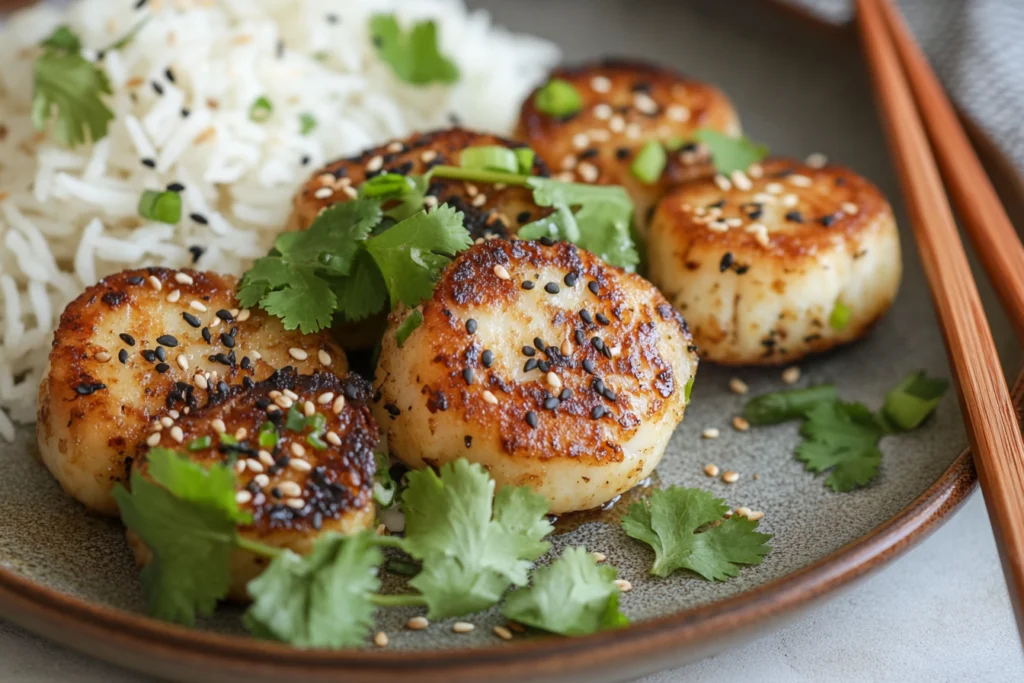 Golden-brown scallops garnished with sesame seeds and fresh cilantro, served with steamed jasmine rice on a ceramic plate.