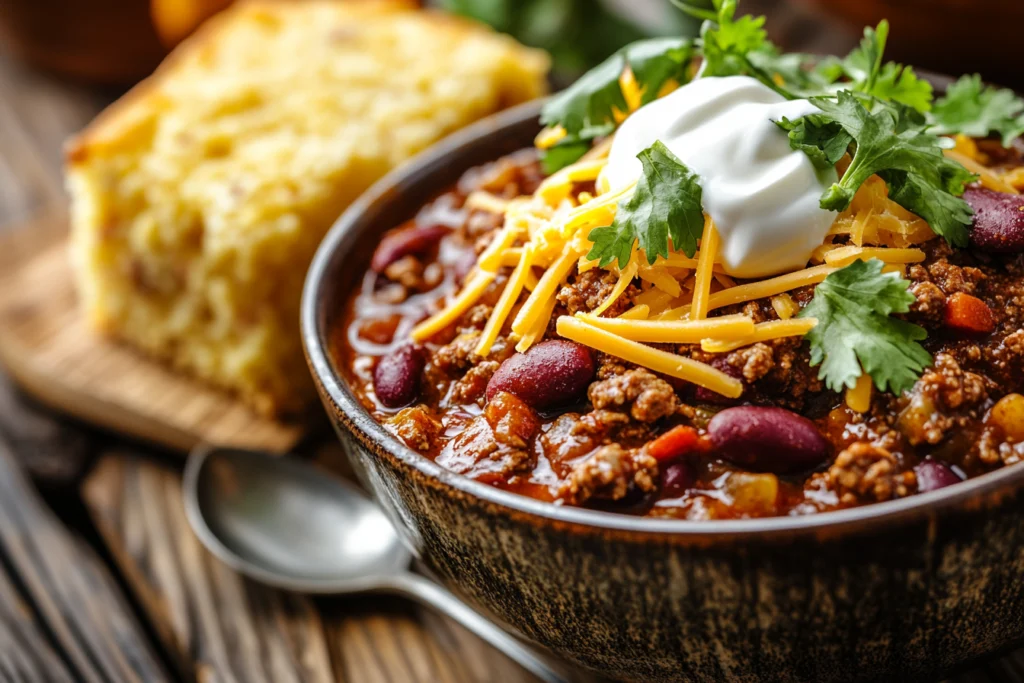 A bowl of venison chili topped with shredded cheese, sour cream, and fresh cilantro, served with a side of golden cornbread on a rustic wooden table.