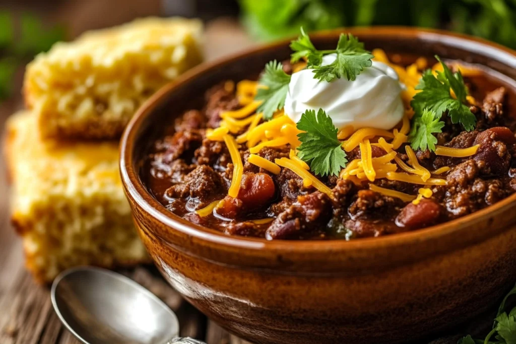 A hearty bowl of chili topped with sour cream, shredded cheese, and fresh cilantro, served with cornbread on the side.
