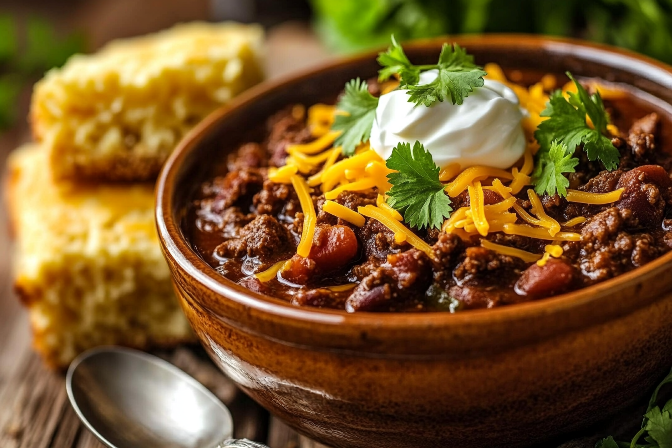 A hearty bowl of chili topped with sour cream, shredded cheese, and fresh cilantro, served with cornbread on the side.