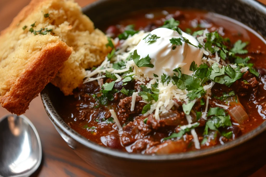 A hearty bowl of venison chili topped with sour cream, shredded cheese, and fresh cilantro, served with a slice of cornbread.