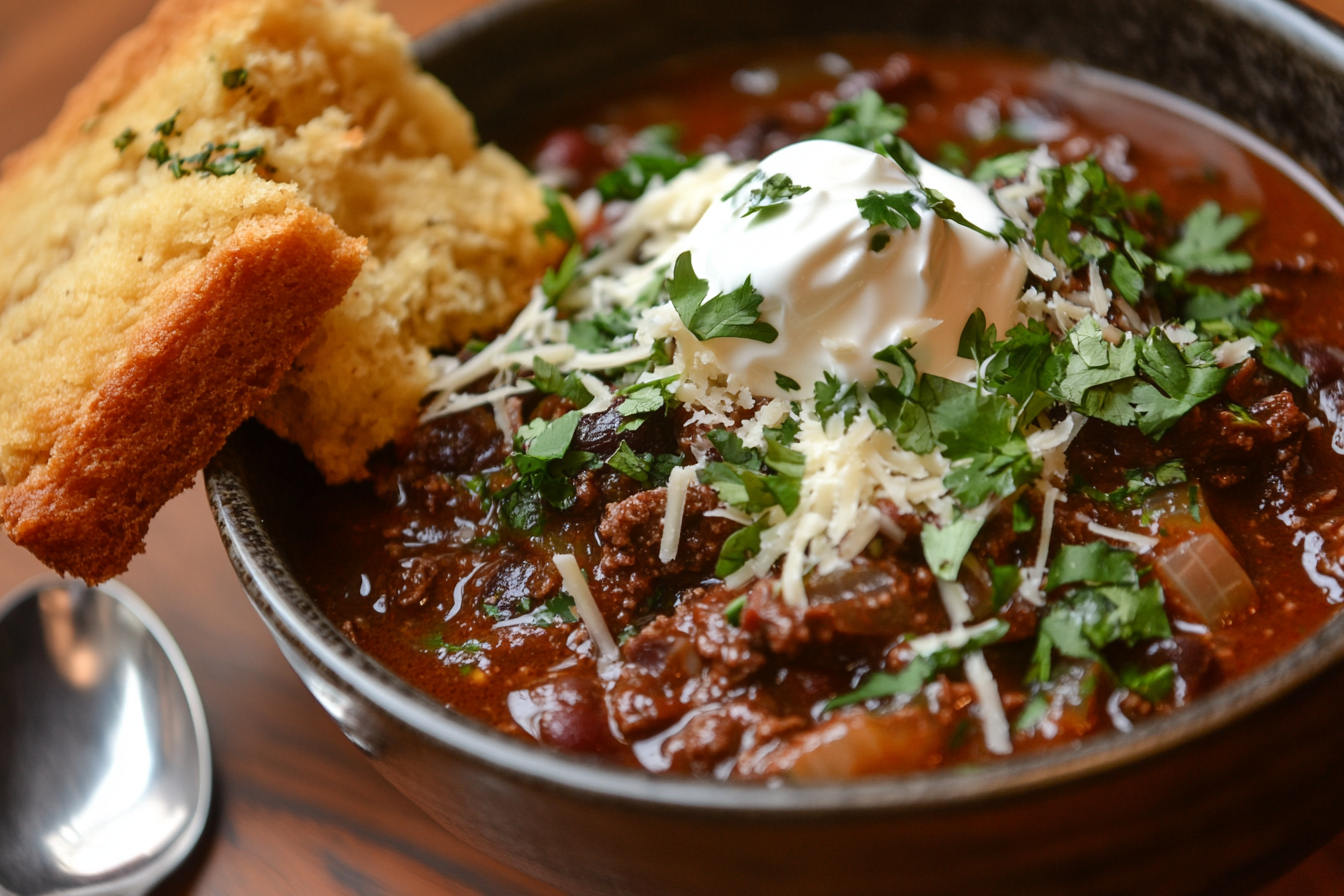 A hearty bowl of venison chili topped with sour cream, shredded cheese, and fresh cilantro, served with a slice of cornbread.