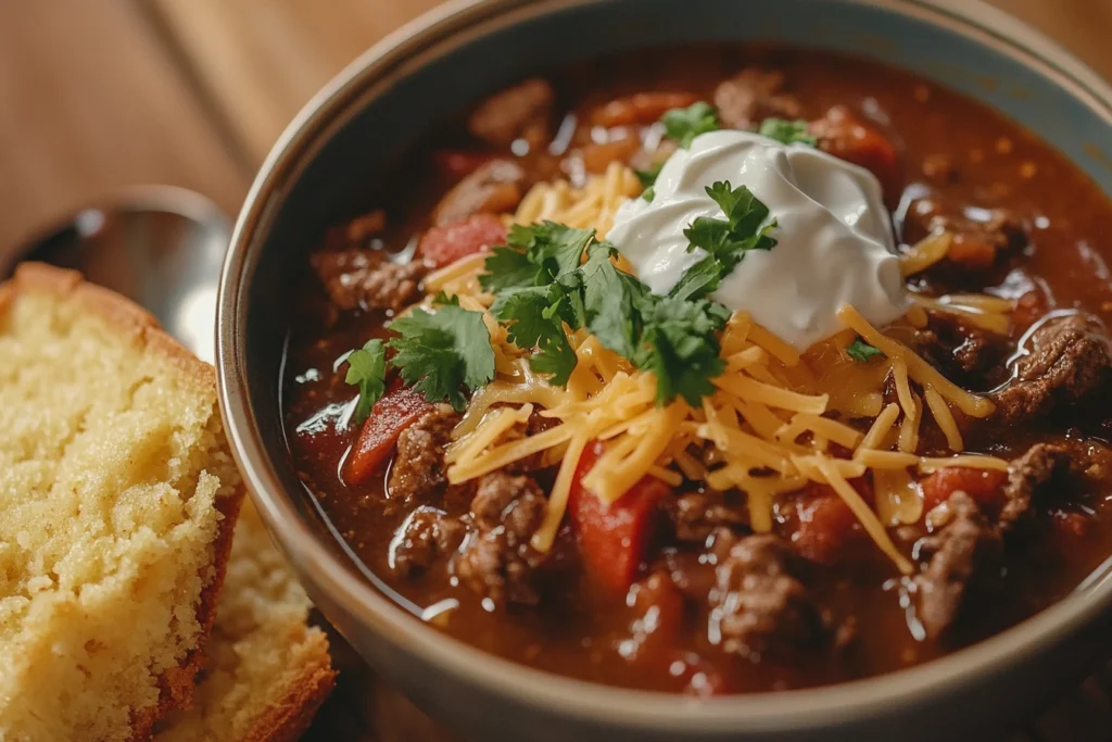A bowl of deer chili topped with shredded cheese, sour cream, and fresh cilantro, served alongside a slice of golden cornbread on a wooden table.