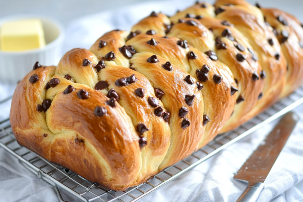 Freshly baked braided chocolate chip brioche with a glossy golden crust, chocolate chips studded on top, cooling on a wire rack.
