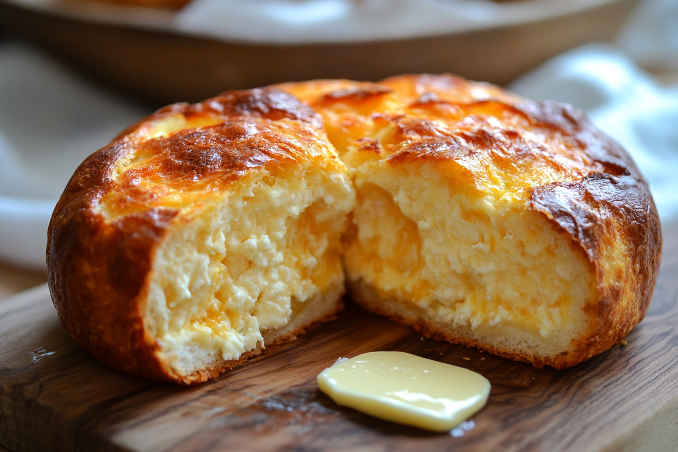 Freshly baked cottage cheese bread with a golden crust, sliced open to reveal a soft, creamy, and fluffy interior, served with a pat of butter.