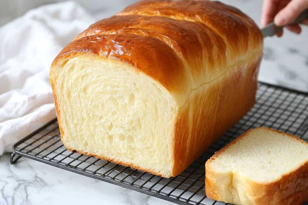 Freshly baked brioche loaf with a golden crust, placed on a cooling rack, with a slice cut to reveal its soft and airy texture.