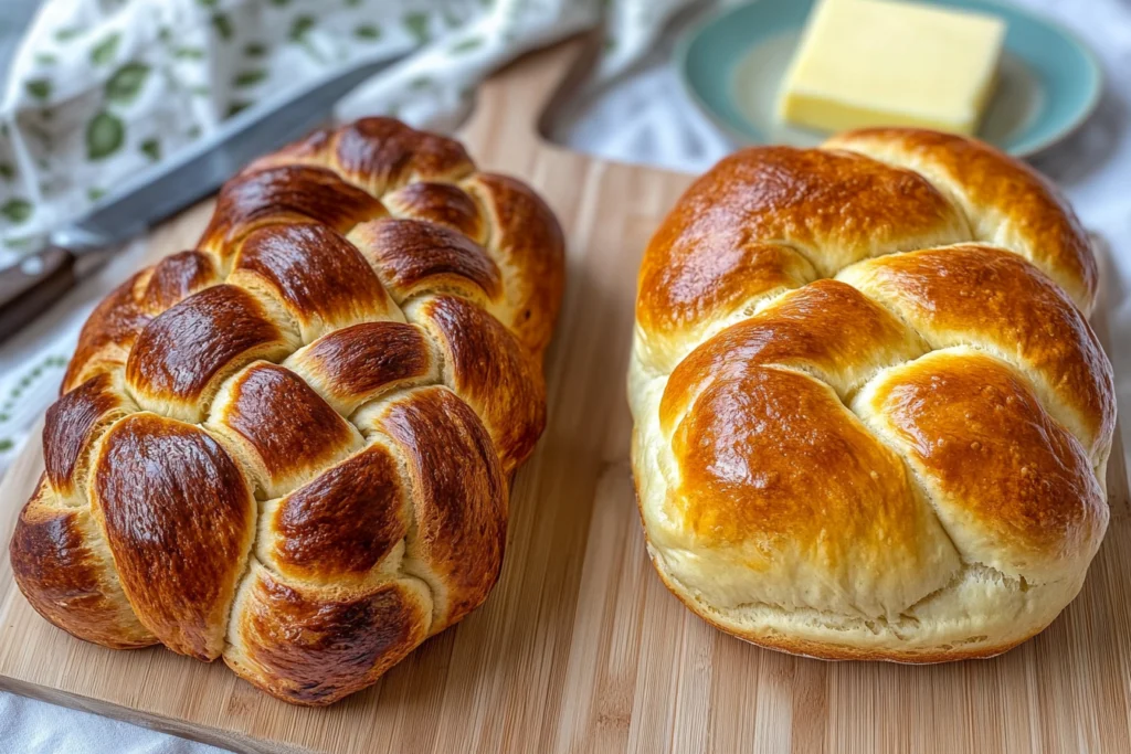 Two golden-brown braided loaves of bread, one challah and one brioche, resting on a wooden cutting board. A plate of butter is in the background.