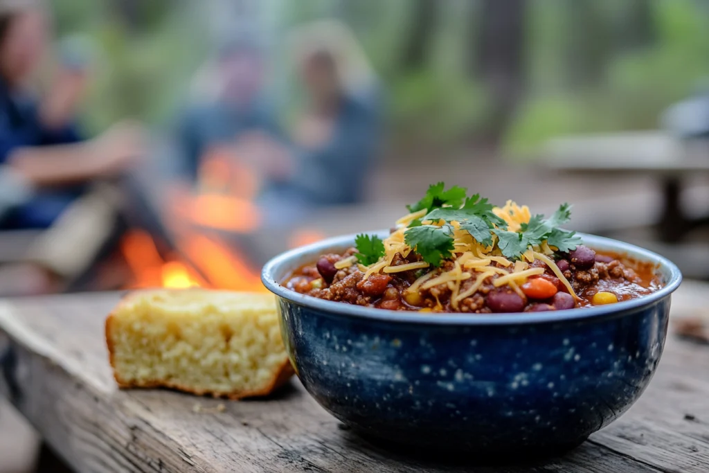 A bowl of venison camp chili garnished with shredded cheese and cilantro, served with cornbread on a wooden table near a campfire in the forest.