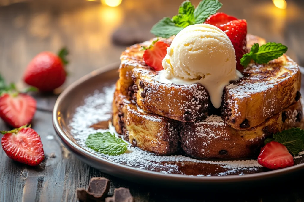 Chocolate chip brioche French toast topped with vanilla ice cream, fresh strawberries, mint leaves, and powdered sugar on a plate.
