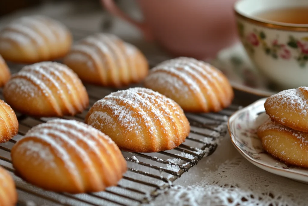 Freshly baked golden-brown madeleine cookies dusted with powdered sugar, cooling on a wire rack with a cup of tea in the background.