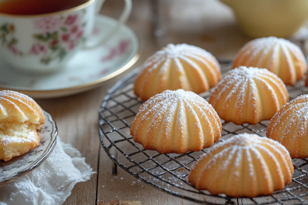 Freshly baked golden-brown madeleines with a dusting of powdered sugar, cooling on a wire rack, served with a cup of tea on a wooden table.
